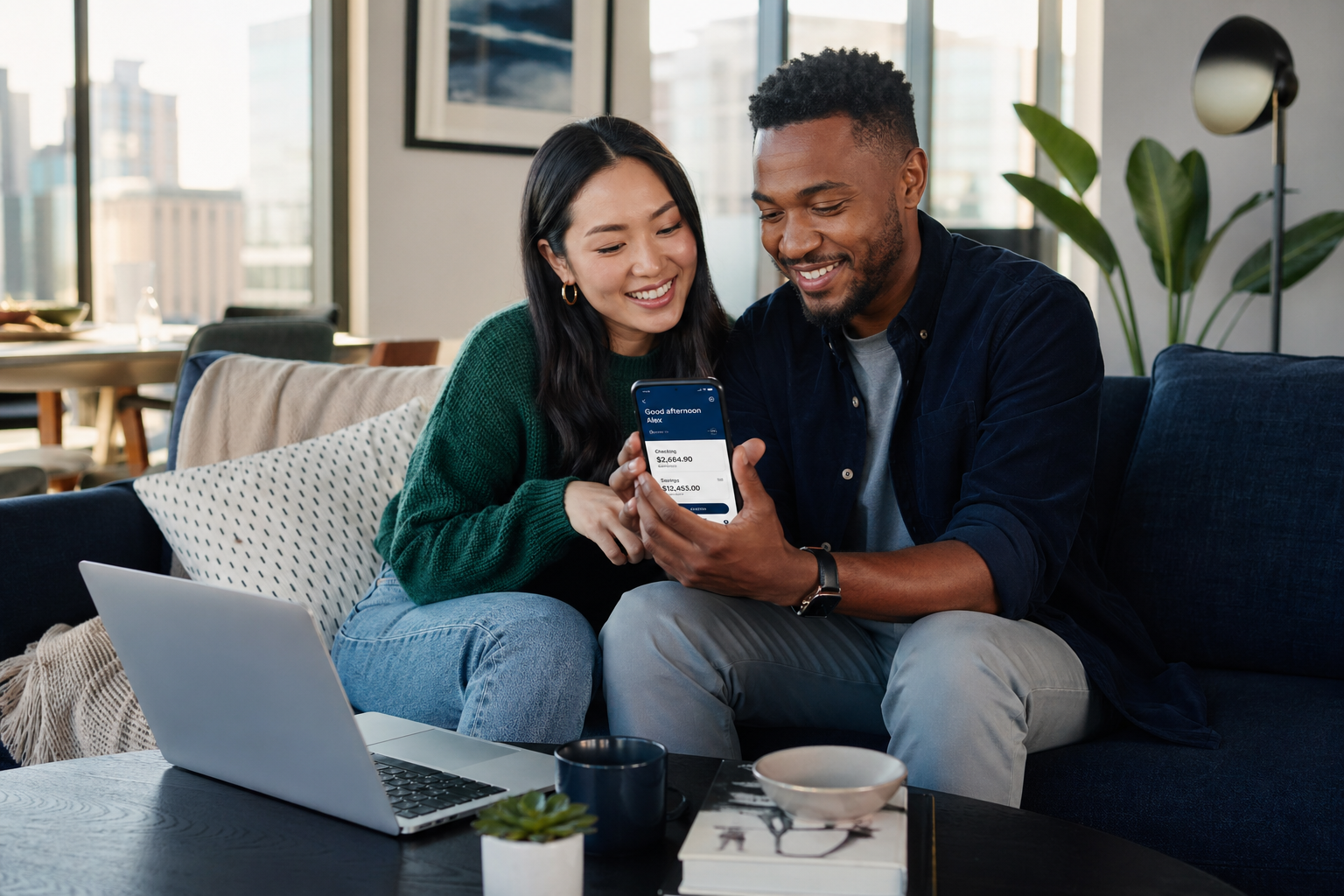 Couple reviewing banking app on couch in modern apartment
