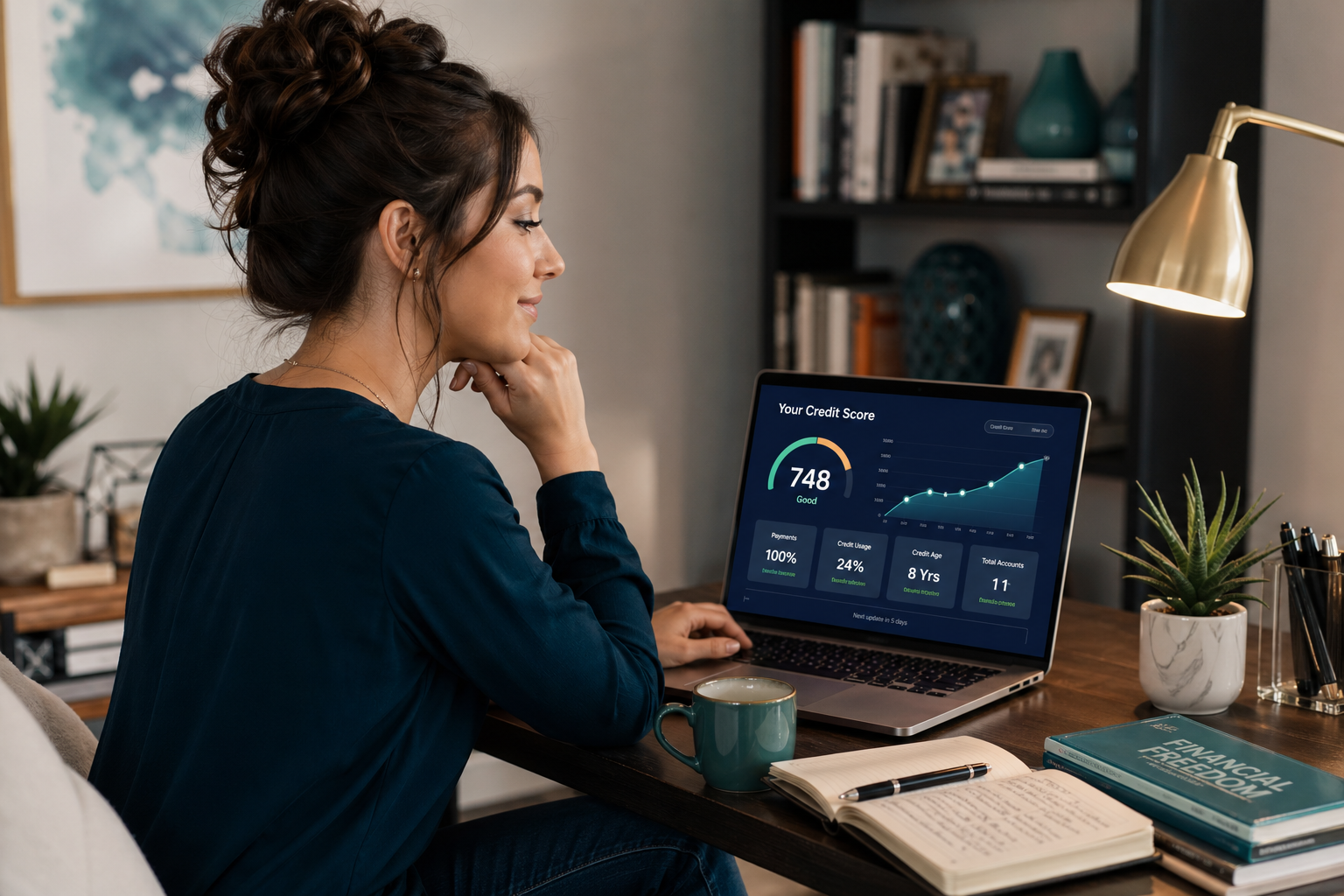 Young professional reviewing credit utilization on laptop