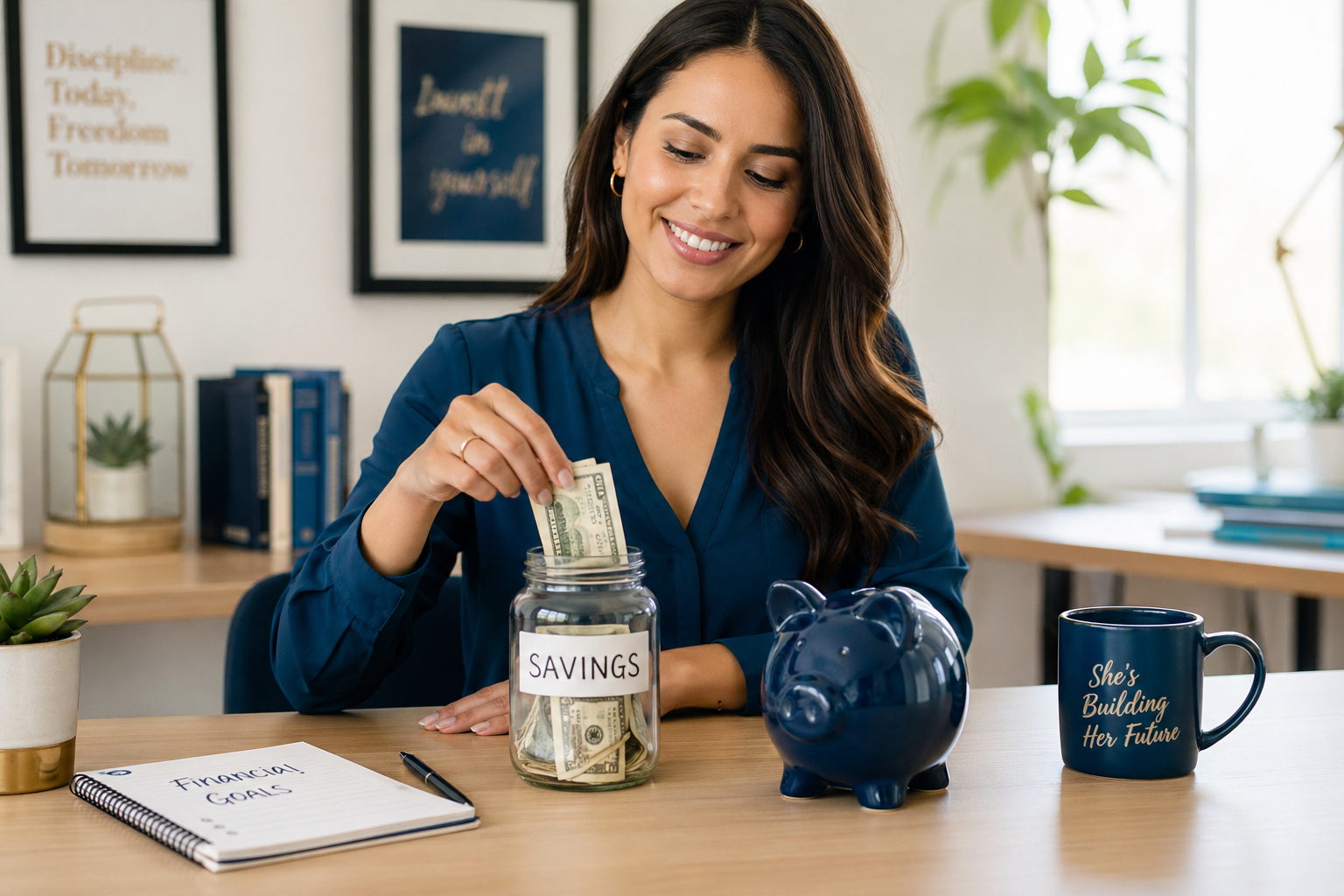 Woman saving money into a glass jar at her home office desk