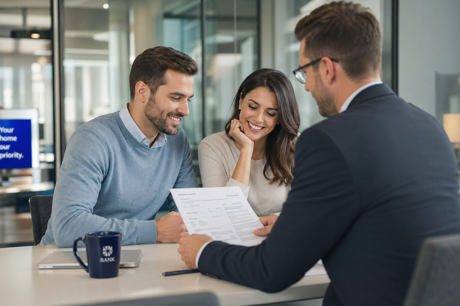 Young couple meeting with mortgage loan officer at bank